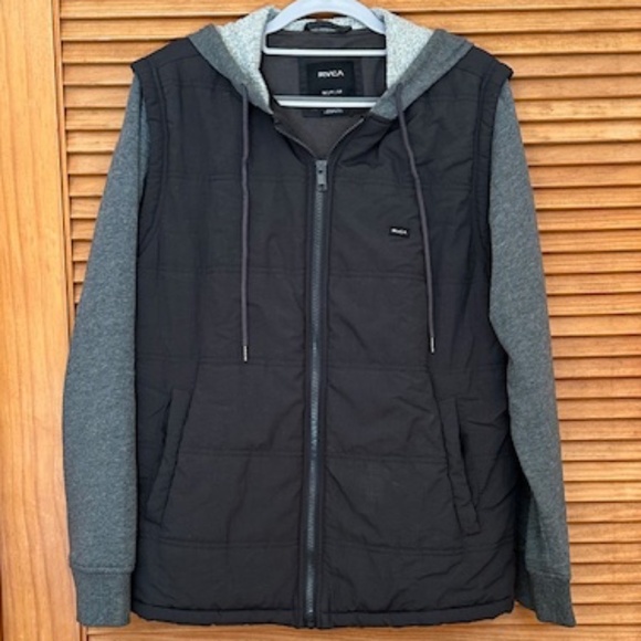 RVCA PUFFER QUILTED HOODIE VEST FULL ZIP JACKET grey/black mens S - Picture 1 of 6